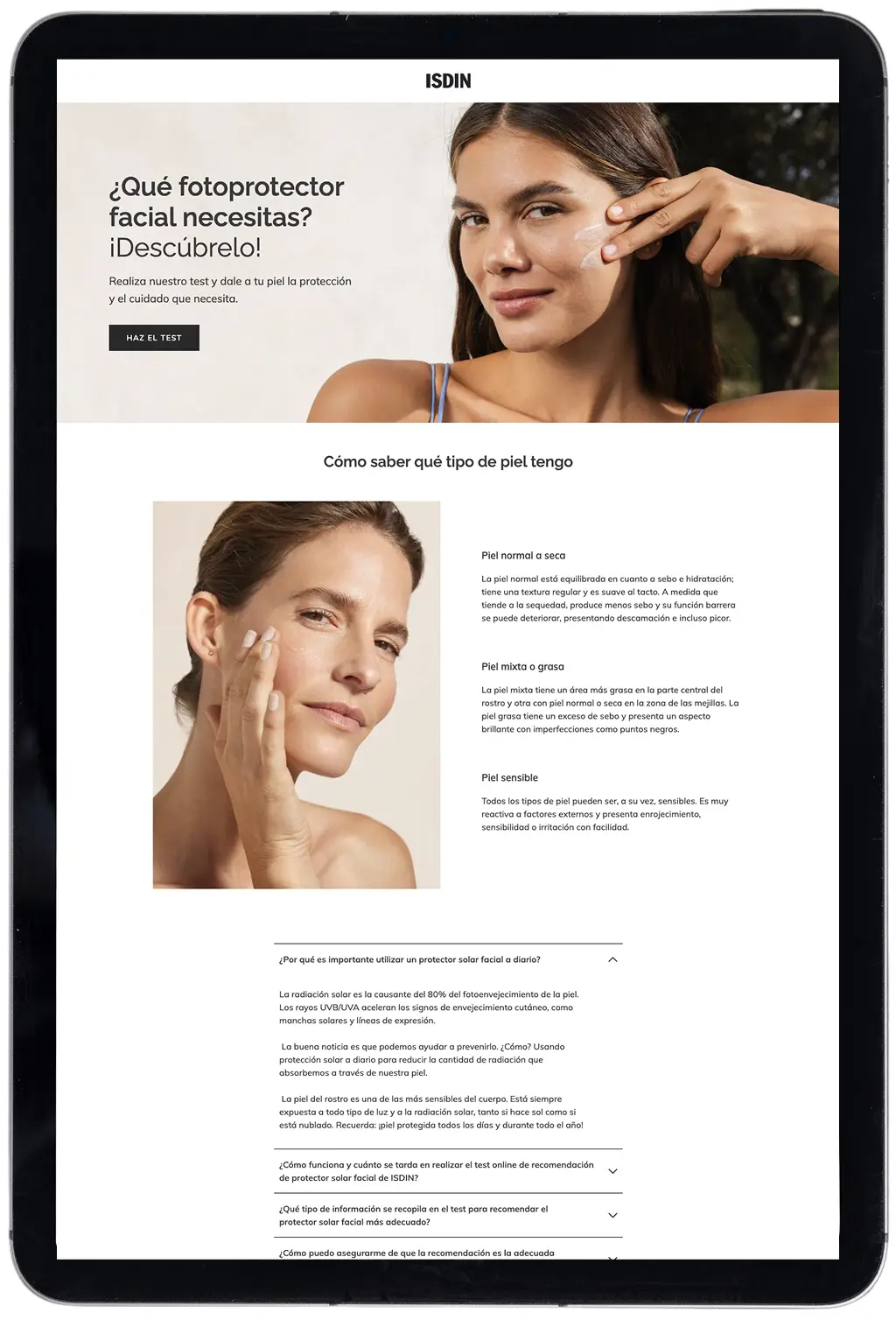 Landing Page para el test de usuario de recomendación del fotoprotector facial de ISDIN que mejor se adapta a su piel